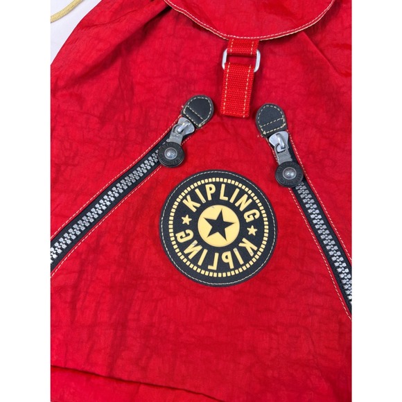 Vintage Kipling Red Drawstring Backpack Rucksack Front Zip Pockets - Picture 2 of 8